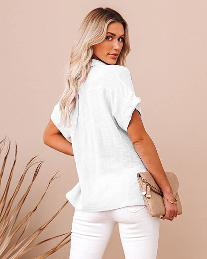 Textured Pocketed Button-Front Short Sleeve Shirt Tops - Chuzko Women Clothing