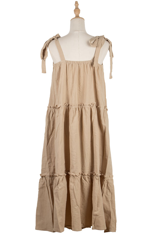 Solid Cotton Shoulder-tie Knot Tiered Ruffle Midi Dress Midi Dresses - Chuzko Women Clothing