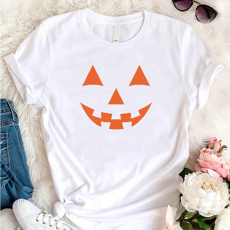 Halloween Spooky Ghost Print Short Sleeve T-Shirt T-shirts - Chuzko Women Clothing