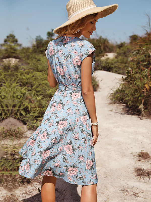 Floral Charm: Casual A-Line Midi Dress - Keyhole Back, Pleated Skirt Dress - Chuzko Women Clothing