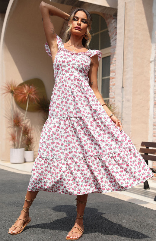 Floral Romantic Tiered Ruffle Backless Cami Maxi Dress Dress - Chuzko Women Clothing