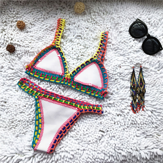Trendy Women's Crochet 2-Piece Bikini Set: Padded Triangle Bra + Mid Thong Swimwear - Chuzko Women Clothing