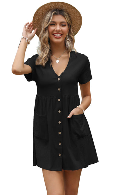 Button Up Cotton Short Sleeve Mini Dress Dress - Chuzko Women Clothing