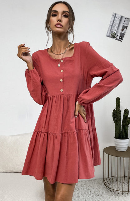 Tiered Ruffle Pleated Button Cotton Dress Tiered Dresses - Chuzko Women Clothing