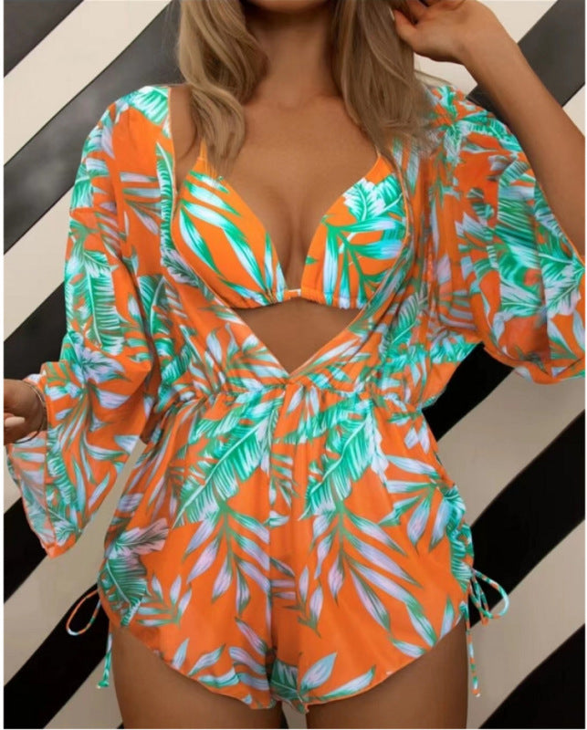 Tropical 3 Piece Bikini Thongs + Wireless Bra + Sheer Romper Cover Up Swimwear - Chuzko Women Clothing