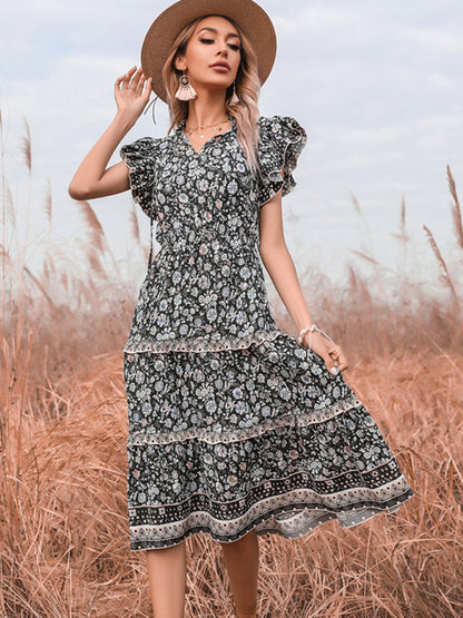 Effortless Charm: Women's Casual Floral Dress with Butterfly Sleeves Dress - Chuzko Women Clothing