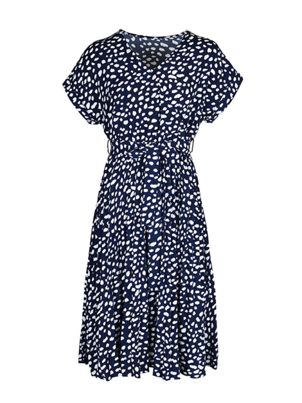 A-Line Dresses- Belt-Tie Midi Dress in Leopard Print & Surplice Style- Chuzko Women Clothing