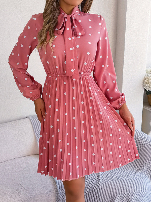 A-Line Dresses- Cocktail Polka Dot Pleated A-Line Stand Collar Bow Dress- Chuzko Women Clothing