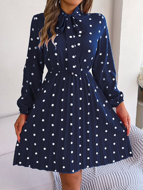 A-Line Dresses- Cocktail Polka Dot Pleated A-Line Stand Collar Bow Dress- Chuzko Women Clothing