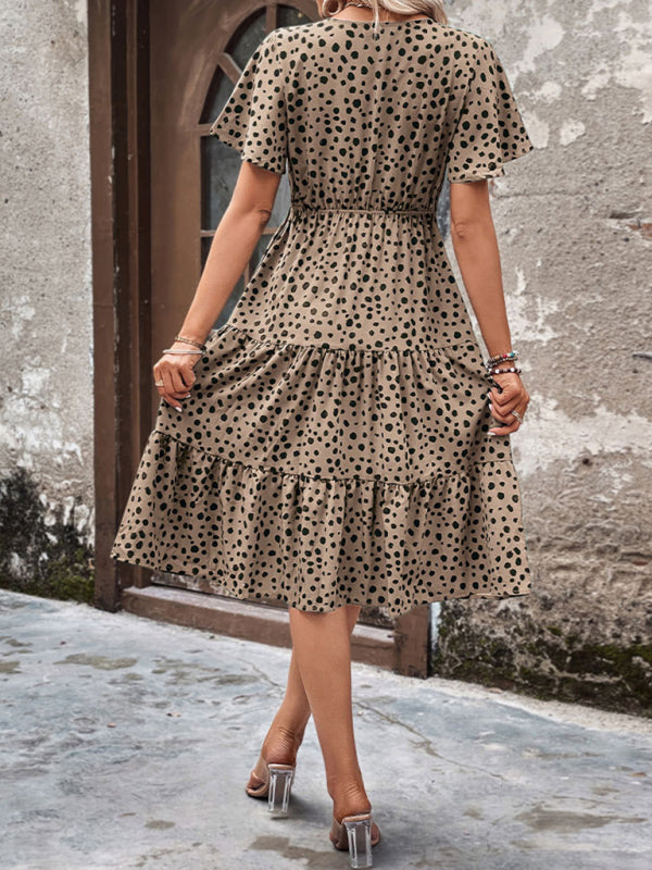 Animal Print Dresses- Animal Print Tiered Midi Dress with Tie Waist & Short Sleeves- Chuzko Women Clothing