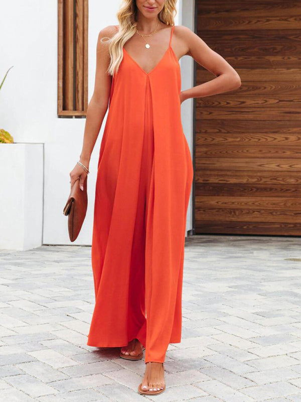 Baggy Playsuits- Women's Solid Wide-Leg Jumpsuit - Full-Length Baggy Playsuit- - Chuzko Women Clothing