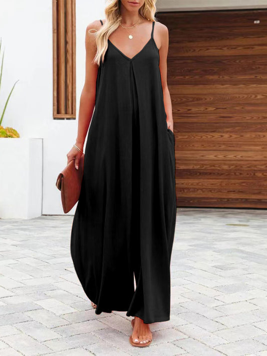 Baggy Playsuits- Women's Solid Wide-Leg Jumpsuit - Full-Length Baggy Playsuit- Black- Chuzko Women Clothing