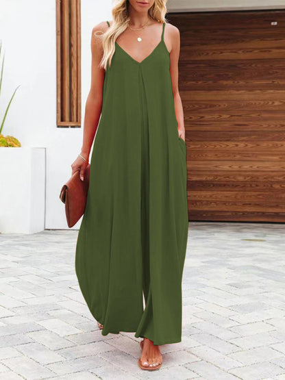 Baggy Playsuits- Women's Solid Wide-Leg Jumpsuit - Full-Length Baggy Playsuit- Green- Chuzko Women Clothing