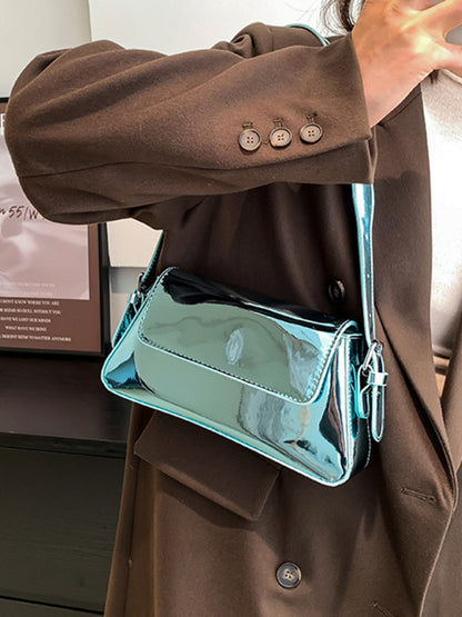 Glossy Faux Leather Shoulder Baguette Bag