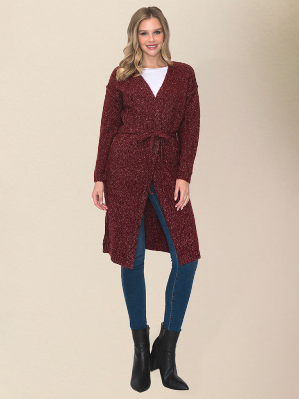 Wrap Style Knitwear - Belted Mid-Length Duster Cardigan