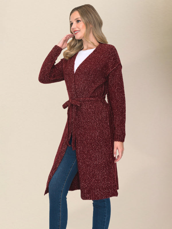 Wrap Style Knitwear - Belted Mid-Length Duster Cardigan