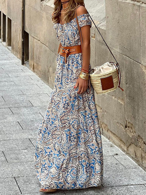 Belted Dresses- Off Shoulder Belted Maxi Dress in Paisley Print- - Chuzko Women Clothing