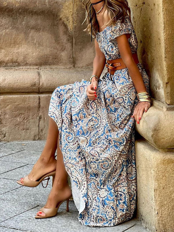 Belted Dresses- Off Shoulder Belted Maxi Dress in Paisley Print- - Chuzko Women Clothing
