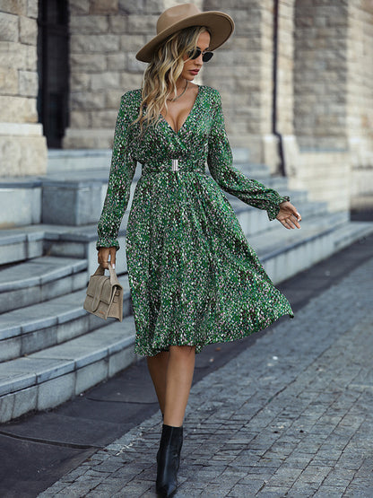 Belted Dresses- Surplice V-Neck A-Line Midi Dress with Belt in Floral Print- Chuzko Women Clothing