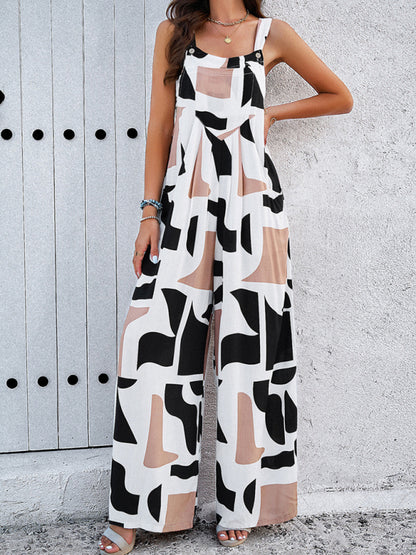 Wide-Leg Bib Overalls – Abstract Print Playsuit with Pockets