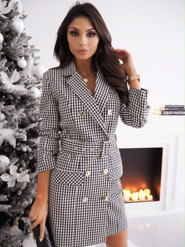 Plaid Houndstooth Double-Breasted Lapel Blazer Dress