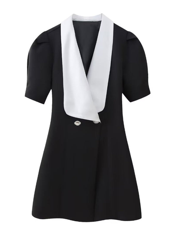 Blazer Dresses- Double-Breasted Blazer Dress with Lapel & Contrast Trim Bow Back- Black- Chuzko Women Clothing