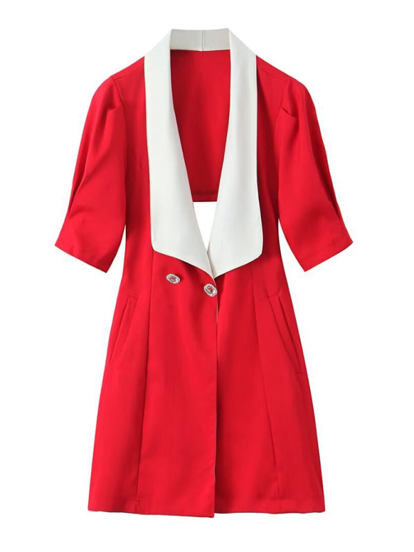 Blazer Dresses- Double-Breasted Blazer Dress with Lapel & Contrast Trim Bow Back- Red- Chuzko Women Clothing
