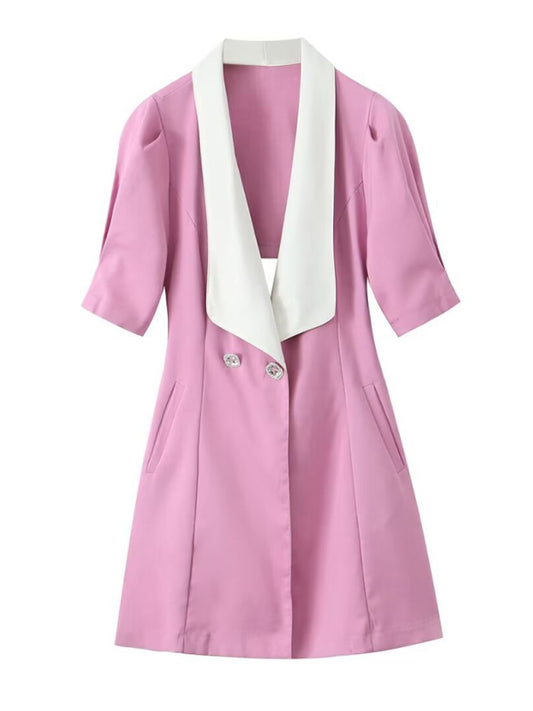 Blazer Dresses- Double-Breasted Blazer Dress with Lapel & Contrast Trim Bow Back- Pink- Chuzko Women Clothing