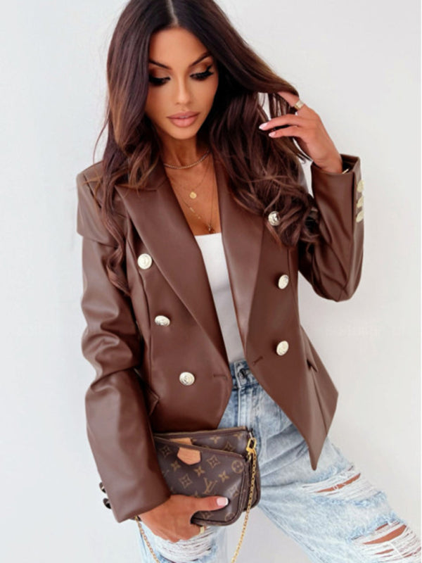 Faux Leather Double-Breasted Business Blazer Jacket