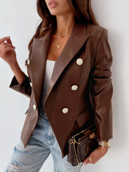 Faux Leather Double-Breasted Business Blazer Jacket