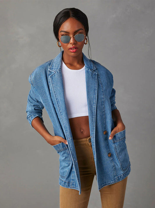 Blazers- Washed Denim Single-Breasted Shawl Lapel Jacket - Blazer with Pockets- Denim Blue- Chuzko Women Clothing