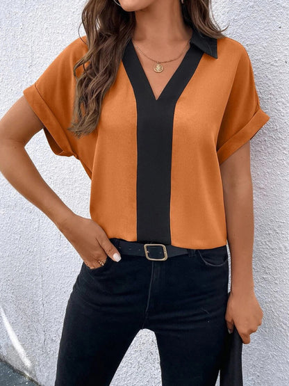 Blouses- 2-Tone Solid V-Neck Blouse with Collared Short Sleeves- Chuzko Women Clothing