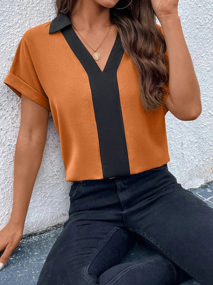 Blouses- 2-Tone Solid V-Neck Blouse with Collared Short Sleeves- Chuzko Women Clothing
