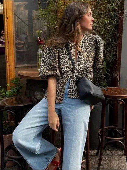 Animal Print Lace-Up Front Blouse with Puff Sleeves