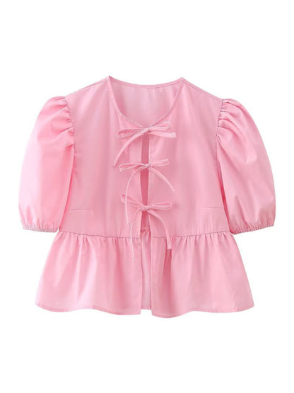 Bow-tiful Women's Open Ties Blouse with Puff Sleeves