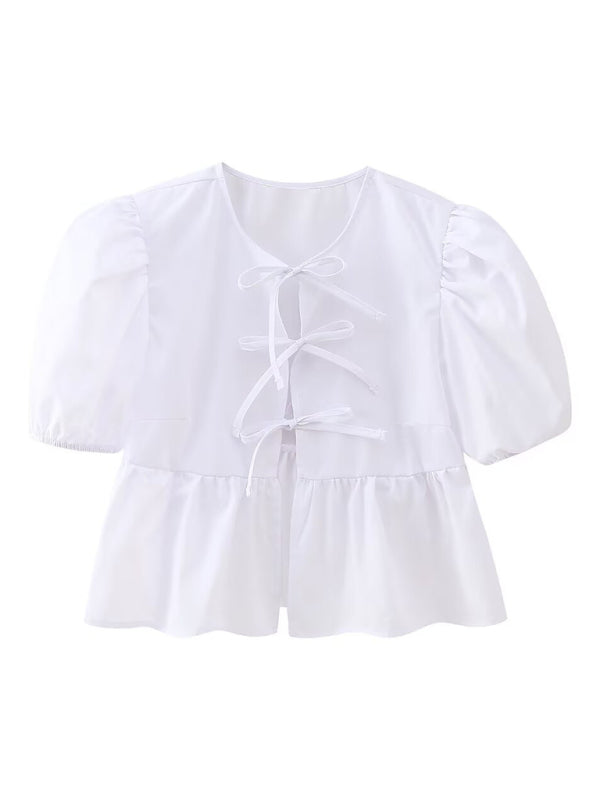 Bow-tiful Damen-Bluse mit offenen Bändern und Puffärmeln