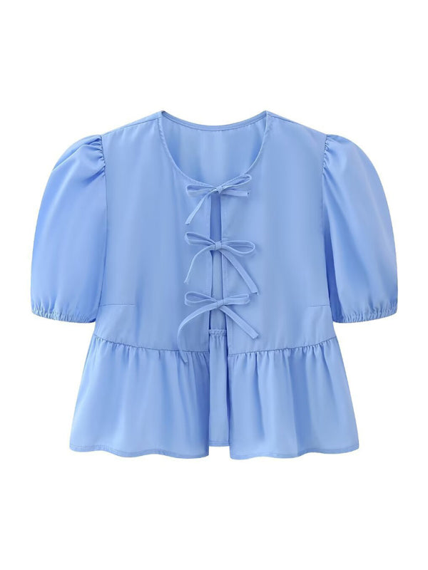 Bow-tiful Women's Open Ties Blouse with Puff Sleeves
