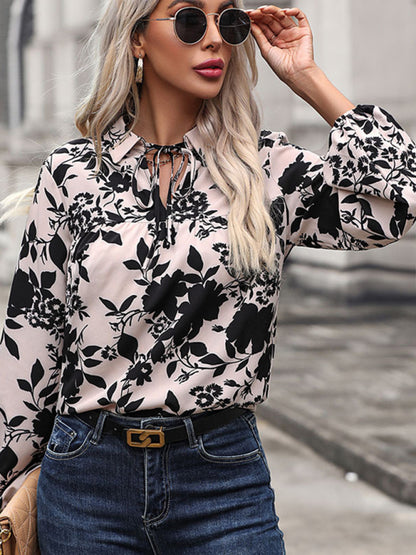 Blouses- Collared V-Neck Blouse in Long Sleeve Floral Print- Chuzko Women Clothing