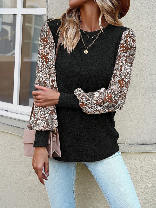 Blouses- Crew Neck Blouse - Floral Patchwork Top with Long Puff Sleeves- Chuzko Women Clothing