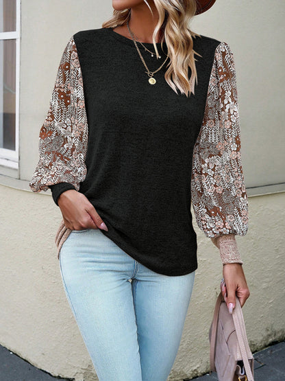 Blouses- Crew Neck Blouse - Floral Patchwork Top with Long Puff Sleeves- Chuzko Women Clothing