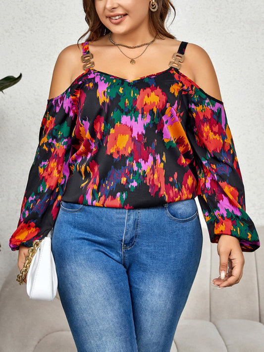 Blouses- Curvy Abstract Print Cold Shoulder Top - Long Sleeve Blouse- Black- Chuzko Women Clothing
