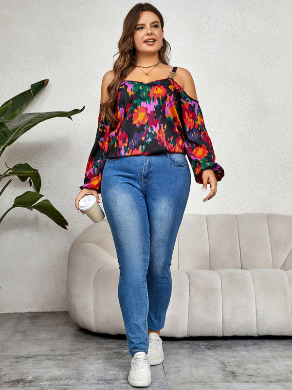 Blouses- Curvy Abstract Print Cold Shoulder Top - Long Sleeve Blouse- - Chuzko Women Clothing