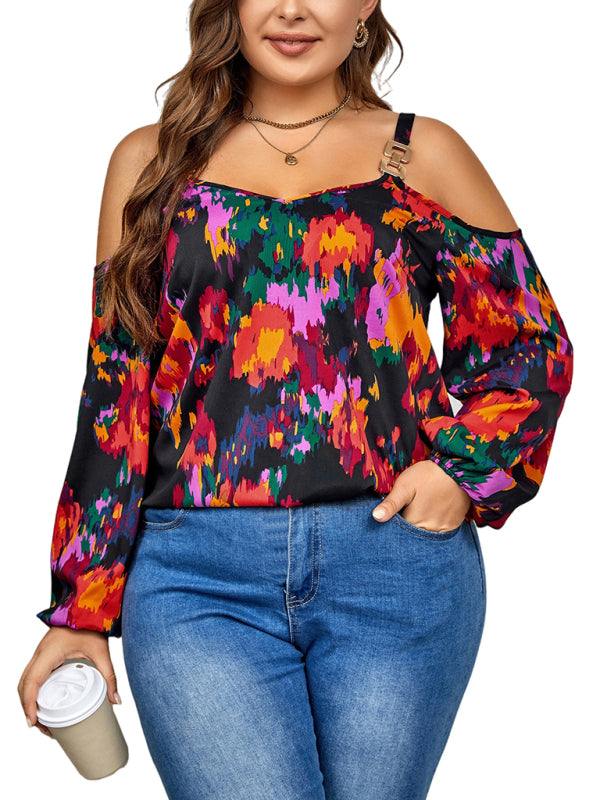 Blouses- Curvy Abstract Print Cold Shoulder Top - Long Sleeve Blouse- - Chuzko Women Clothing