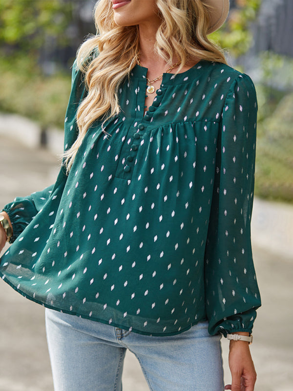 Dotted Chiffon Half-Button Blouse with Long Sleeves