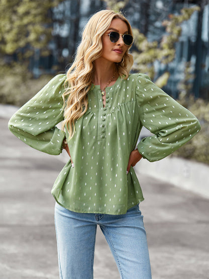 Dotted Chiffon Half-Button Blouse with Long Sleeves