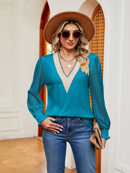 Blouses- Elegant Lace-Trimmed V-Neck Blouse with Bishop Long Sleeves- Chuzko Women Clothing