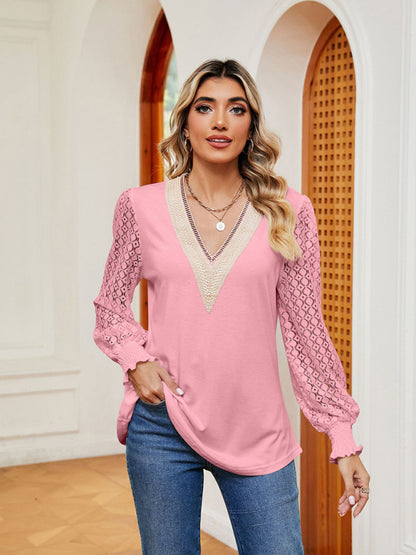 Blouses- Elegant Lace-Trimmed V-Neck Blouse with Bishop Long Sleeves- Chuzko Women Clothing