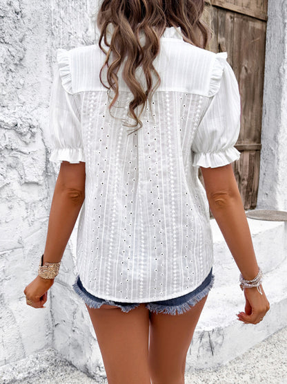 Blouses- Eyelet Button-Up Blouse - Short Puff Sleeves & Frill Accents Shirt- - Chuzko Women Clothing
