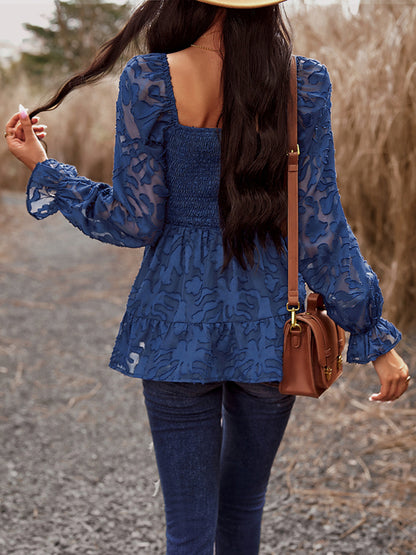 Blouses- Floral Jacquard Square Neck Peplum Blouse | Bishop Long Sleeves Top- Chuzko Women Clothing