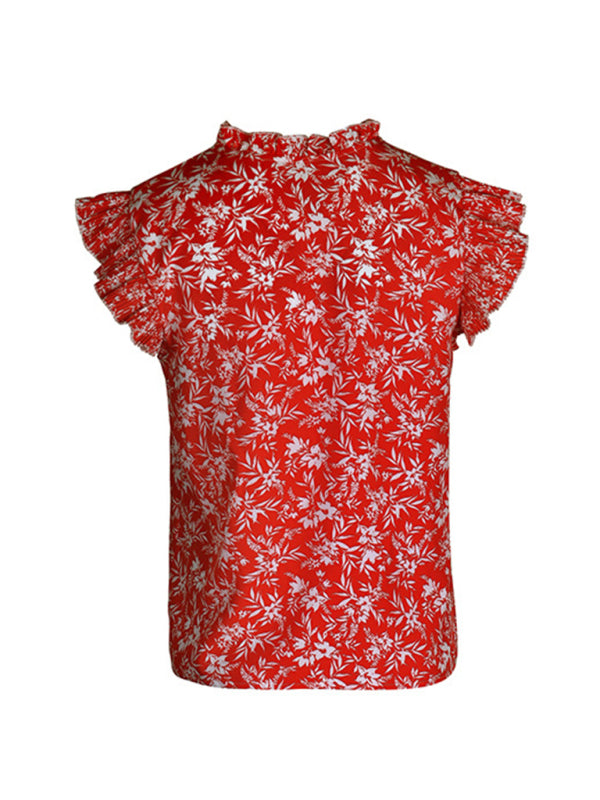 Blouses- Floral V-Neck Blouse | Frill Shoulder Top- Chuzko Women Clothing